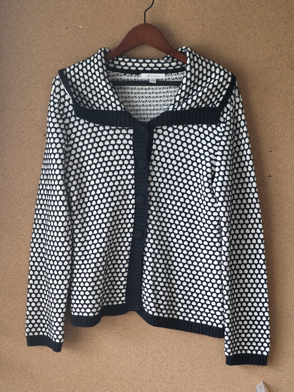 JM Collection Black White Honeycomb Sailor Collar Cardigan Sweater M